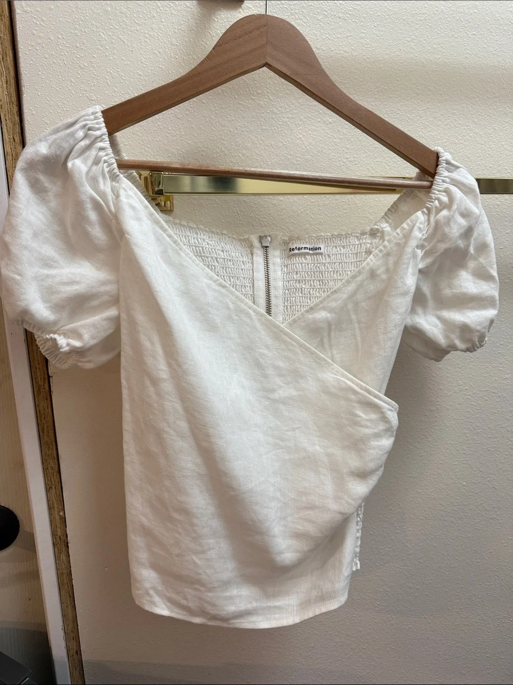 Reformation Off-White Puff Sleeve Wrap Blouse